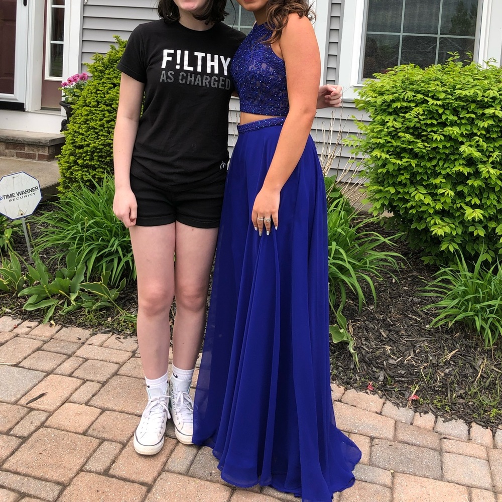 Royal blue long two piece prom dress